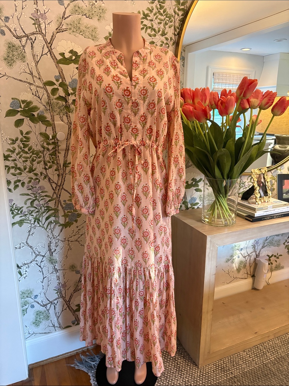 Emerson Fry Pink Floral Tie-Waist Maxi Dress with Tiered Hem